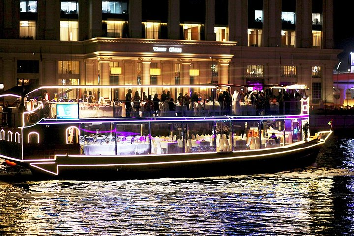 Savor delicious international cuisine on a traditional Dhow as you glide along the New Dubai Canal soaking in stunning views and complimentary soft drinks for a memorable evening.